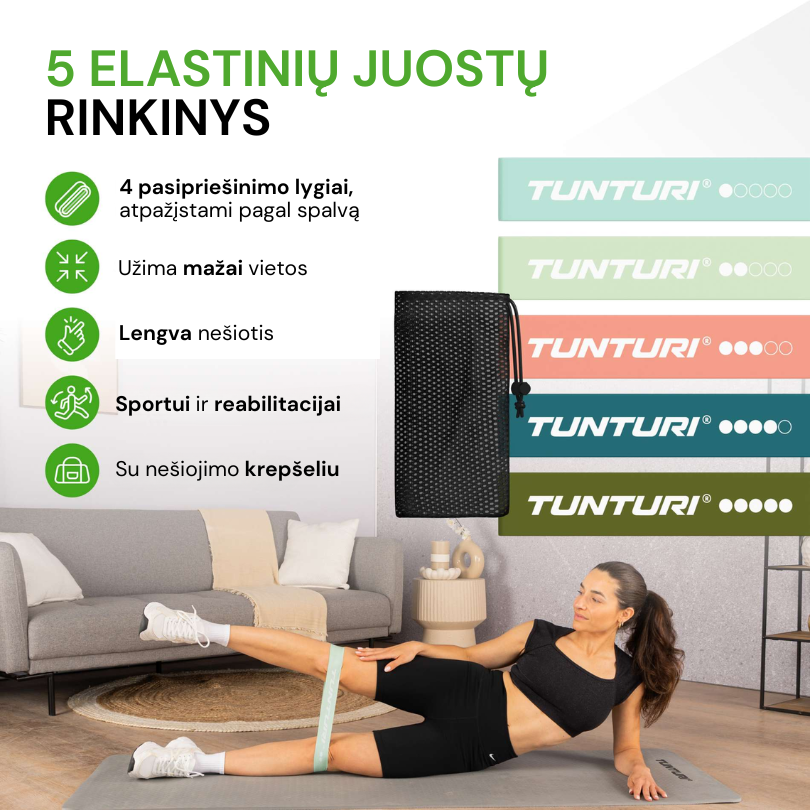 Tunturi Weerstandsband - Medium Weerstand - Fitness elastiek - Groen - Incl. gratis fitness app