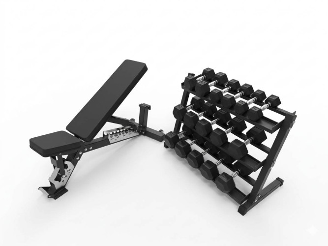 Jėgos rinkinys – Reguliuojamas suoliukas, 220 kg Hex hanteliai ir 3 eilių stovas