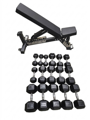 Jėgos rinkinys – Reguliuojamas suoliukas, 220 kg Hex hanteliai ir 3 eilių stovas