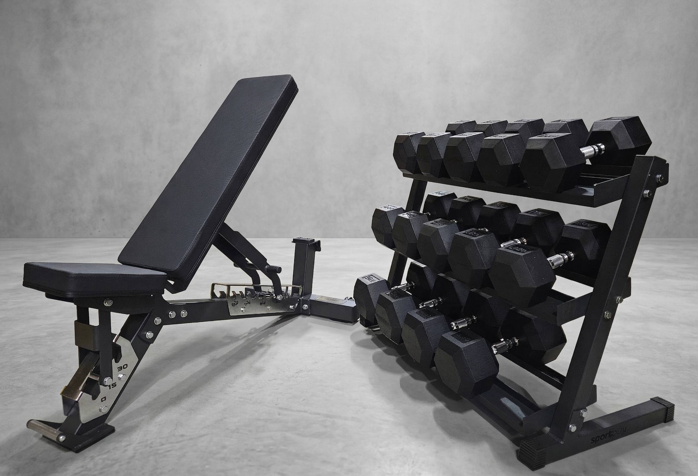 Jėgos rinkinys – Reguliuojamas suoliukas, 385 kg Hex hanteliai ir 3 eilių stovas