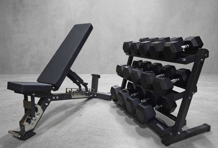 Jėgos rinkinys – Reguliuojamas suoliukas, 385 kg Hex hanteliai ir 3 eilių stovas