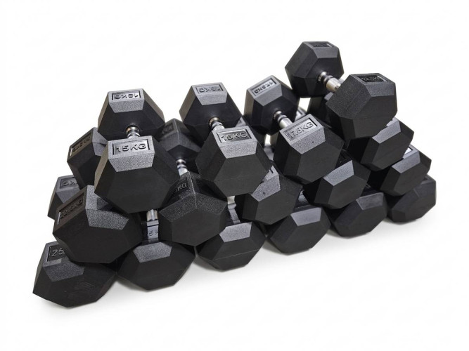 Jėgos rinkinys – Reguliuojamas suoliukas, 385 kg Hex hanteliai ir 3 eilių stovas