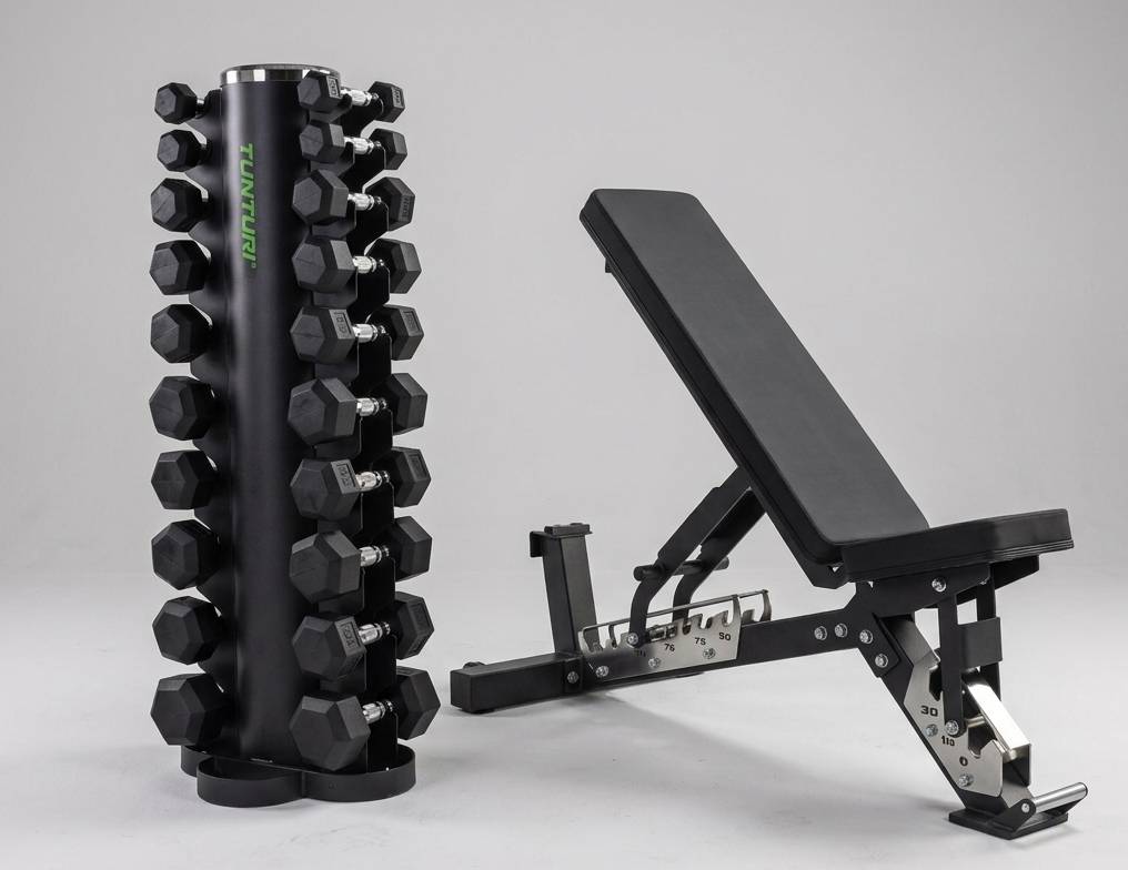 110 kg Hex hanteliai + stovas + RawFitness komercinis suoliukas