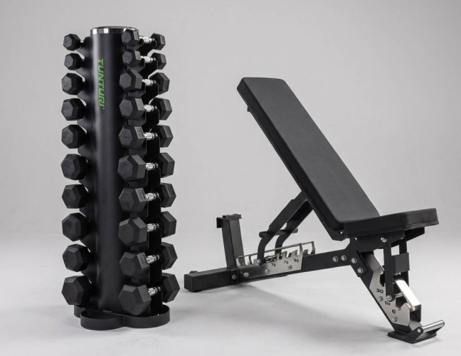 110 kg Hex hanteliai + stovas + RawFitness komercinis suoliukas