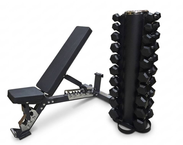 110 kg Hex hanteliai + stovas + RawFitness komercinis suoliukas