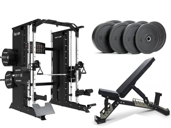 Tunturi Platinum Smith“ staklės + Komercinis suoliukas + 100 kg Bumper svoriai