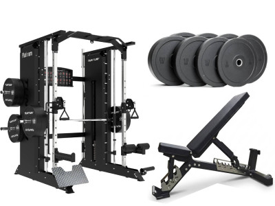 Tunturi Platinum Smith“ staklės + Komercinis suoliukas + 100 kg Bumper svoriai