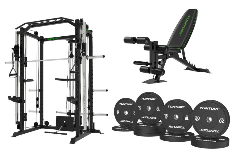 Garage SET: SM90 SMITH staklės + suoliukas TUNTURI UB60 + Bumper Plate 120 kg