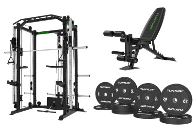 Garage SET: SM90 SMITH staklės + suoliukas TUNTURI UB60 + Bumper Plate 120 kg