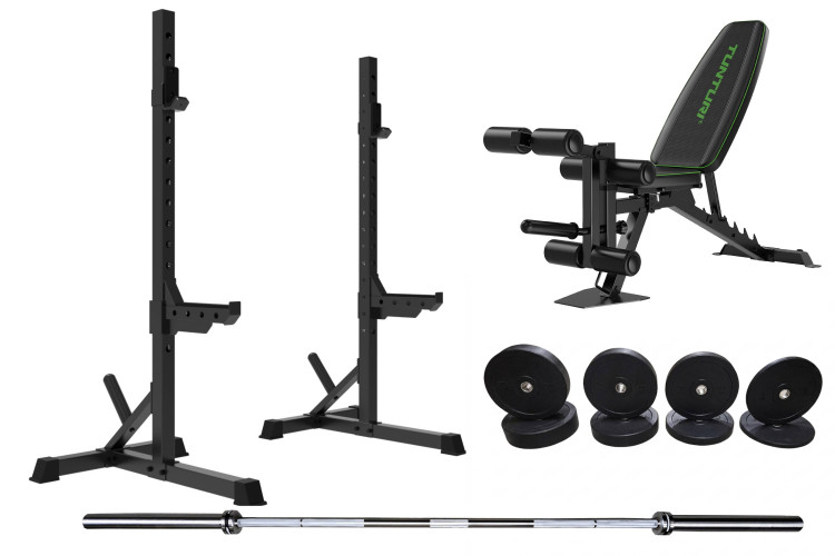 Home GYM set: Stovas SS60 + suoliukas TUNTURI UB60 + Oliminis grifas + 100 kg bumperiai
