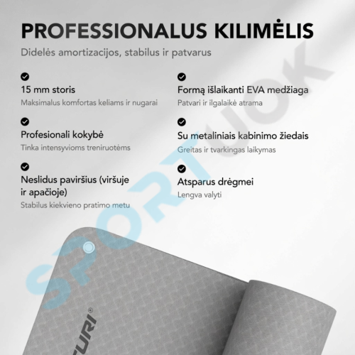 Profesionalus treniruočių kilimėlis „Tunturi Platinum Fitness Mat EVA“, 180 cm, juodos / pilkos spalvos