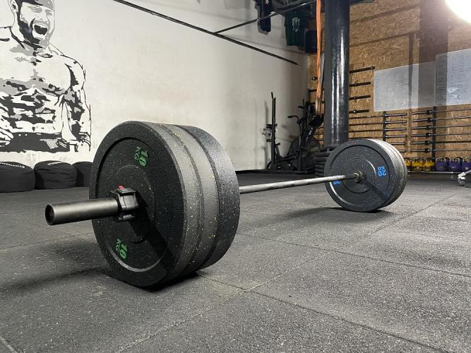 Bumper svarmenų ir štangos komplektas STRONGMAN Premium 120kg